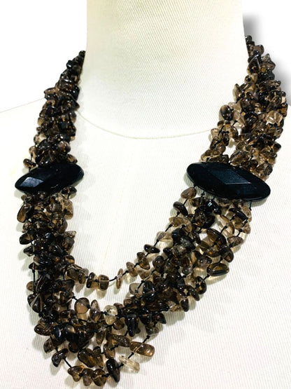 Smoky Quartz Chip Stone Necklace Multistrand Dramatic Statement 23" Toggle Clasp