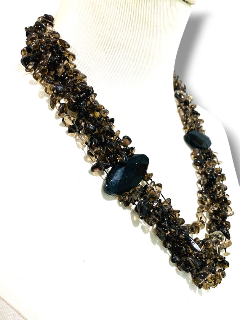 Smoky Quartz Chip Stone Necklace Multistrand Dramatic Statement 23" Toggle Clasp