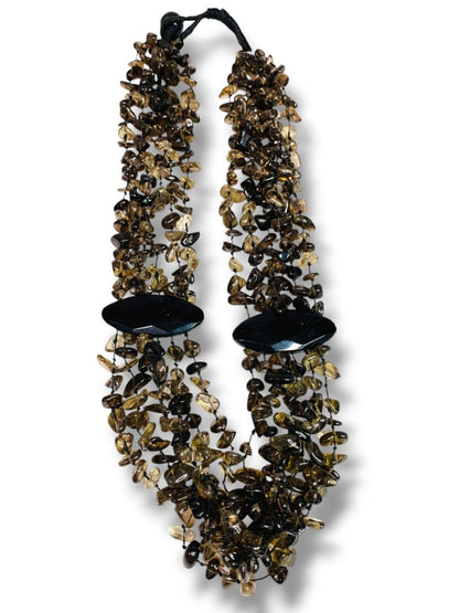 Smoky Quartz Chip Stone Necklace Multistrand Dramatic Statement 23" Toggle Clasp