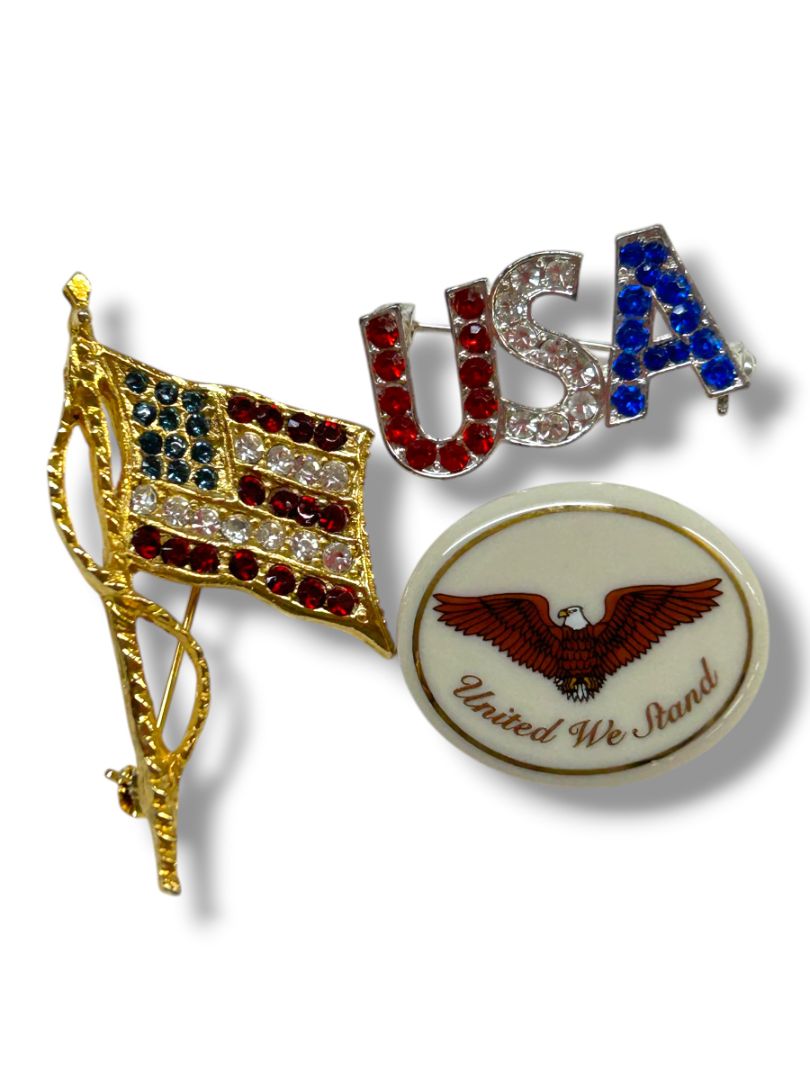 Lot of 3 Assorted USA America Brooch Pins Flag Lenox Eagle United We Stand