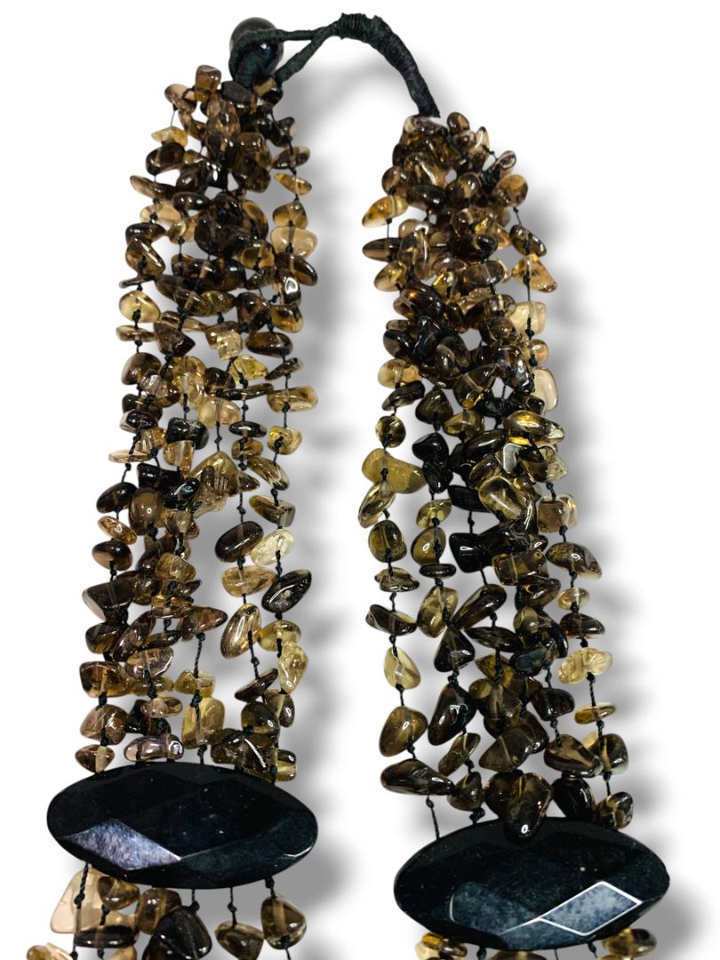 Smoky Quartz Chip Stone Necklace Multistrand Dramatic Statement 23" Toggle Clasp