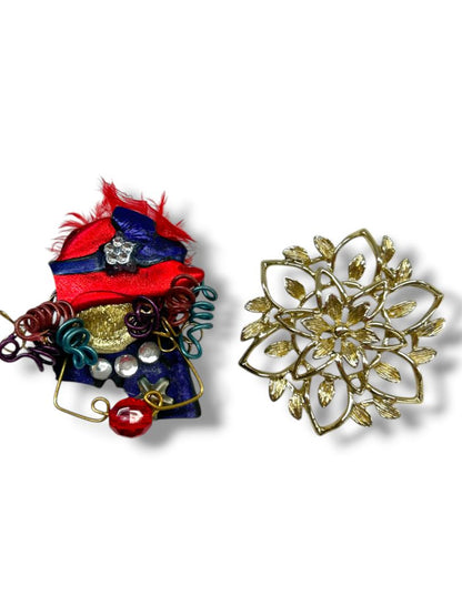2 Brooches Pins Goldtone Floral 1.6" Red Hat Artsy Mixed Media 2"