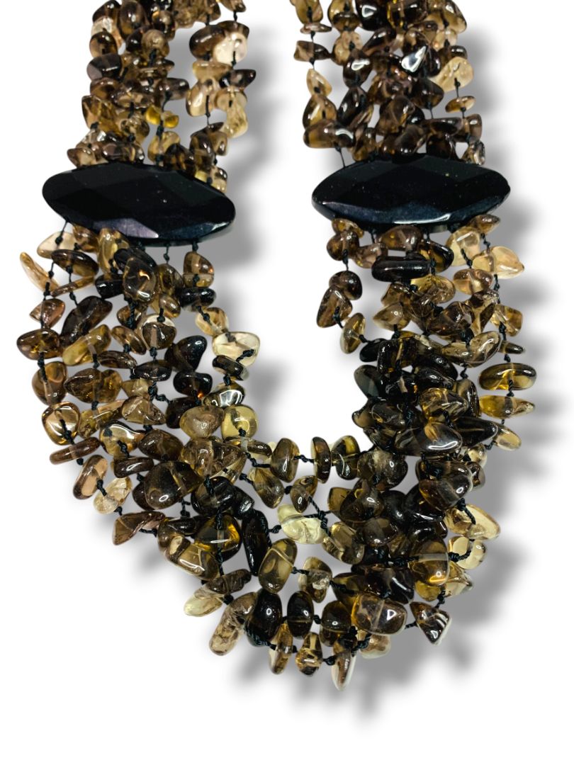 Smoky Quartz Chip Stone Necklace Multistrand Dramatic Statement 23" Toggle Clasp