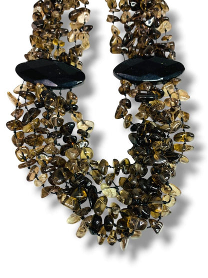 Smoky Quartz Chip Stone Necklace Multistrand Dramatic Statement 23" Toggle Clasp