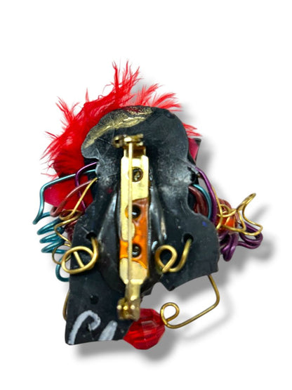 2 Brooches Pins Goldtone Floral 1.6" Red Hat Artsy Mixed Media 2"