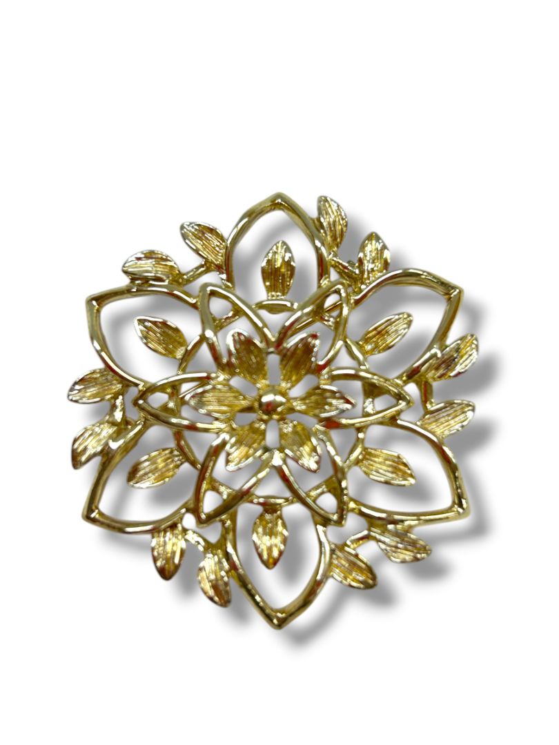 2 Brooches Pins Goldtone Floral 1.6" Red Hat Artsy Mixed Media 2"