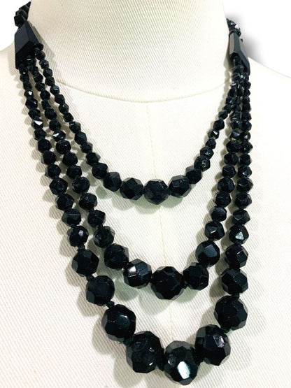 Vintage Tiered Black Beaded Necklace Graduated 18.5" Spring Clasp