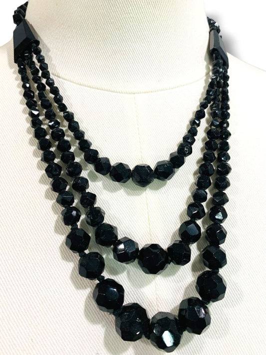 Vintage Tiered Black Beaded Necklace Graduated 18.5" Spring Clasp