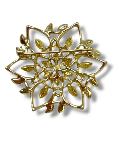 2 Brooches Pins Goldtone Floral 1.6" Red Hat Artsy Mixed Media 2"