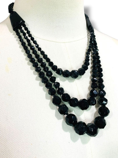 Vintage Tiered Black Beaded Necklace Graduated 18.5" Spring Clasp
