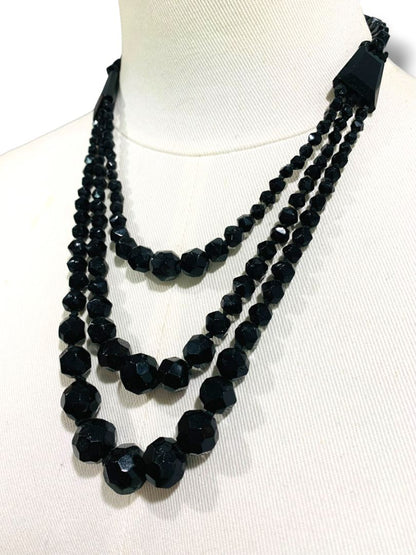Vintage Tiered Black Beaded Necklace Graduated 18.5" Spring Clasp