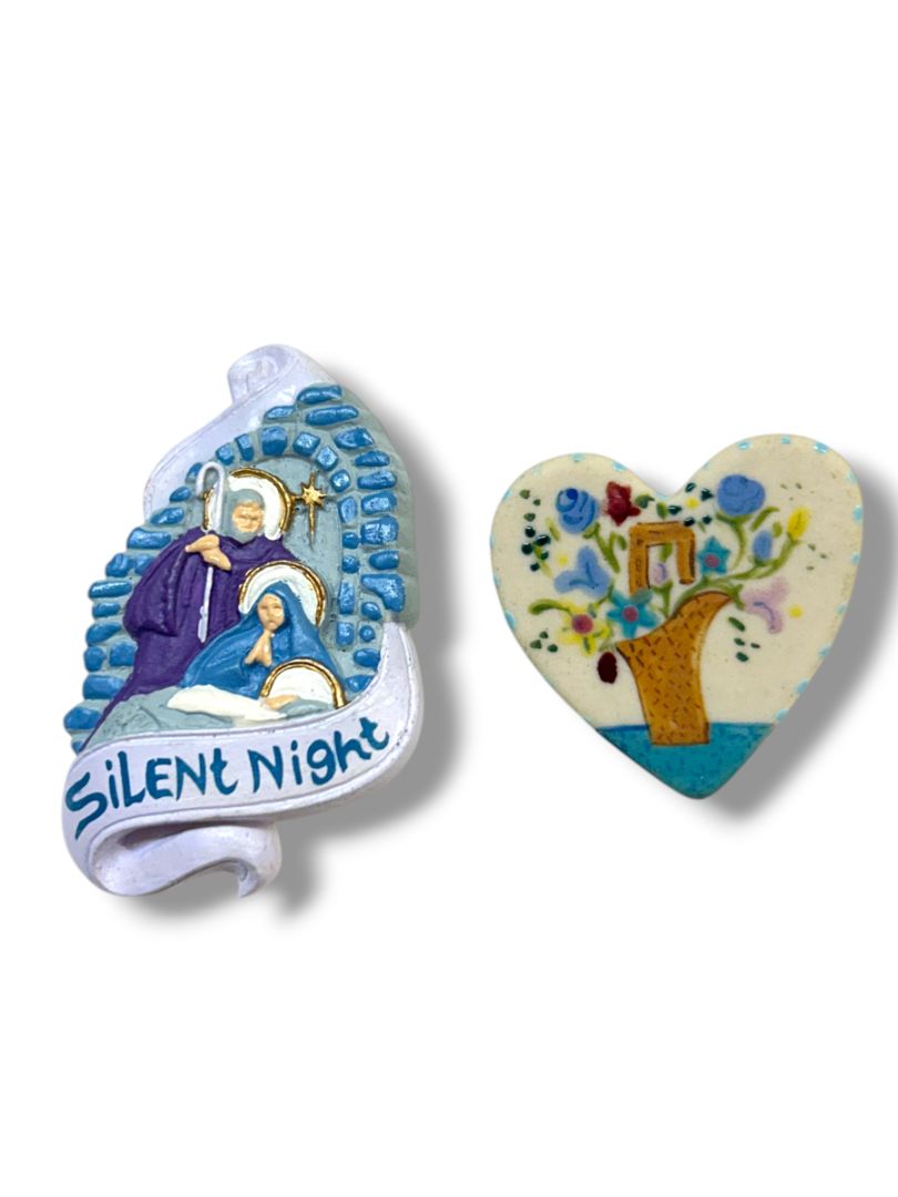 2 Brooches Pins Resin Silent Night Nativity 2" Clay Heart Flowers 1.4"