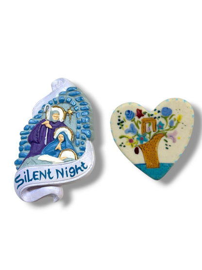 2 Brooches Pins Resin Silent Night Nativity 2" Clay Heart Flowers 1.4"