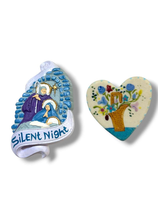 2 Brooches Pins Resin Silent Night Nativity 2" Clay Heart Flowers 1.4"