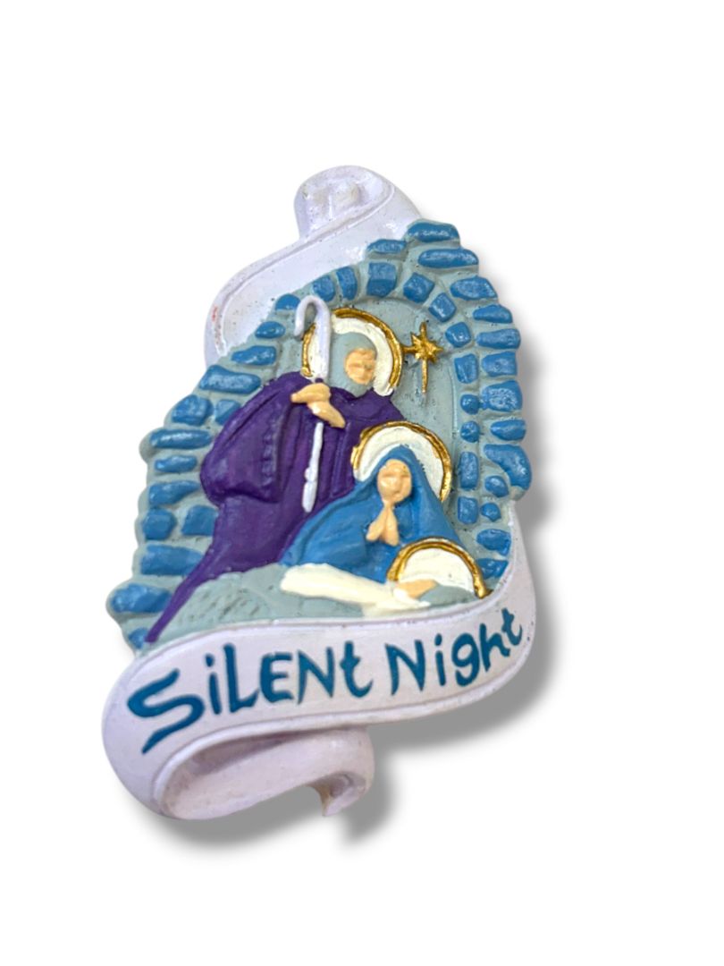 2 Brooches Pins Resin Silent Night Nativity 2" Clay Heart Flowers 1.4"