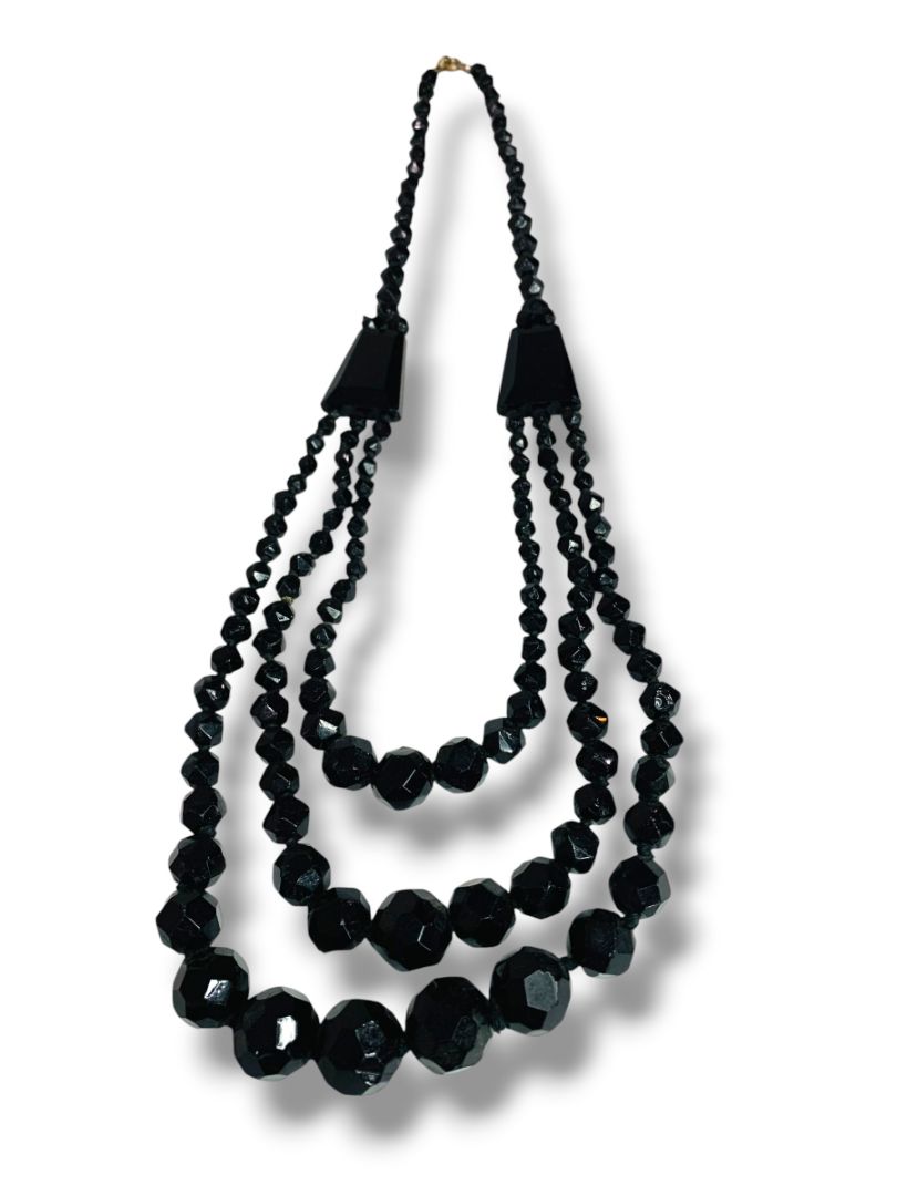 Vintage Tiered Black Beaded Necklace Graduated 18.5" Spring Clasp