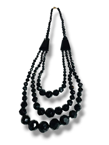 Vintage Tiered Black Beaded Necklace Graduated 18.5" Spring Clasp