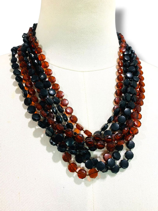 Vintage Multistrand Black and Amber Colored Beaded Necklace Ornate Clasp 23"