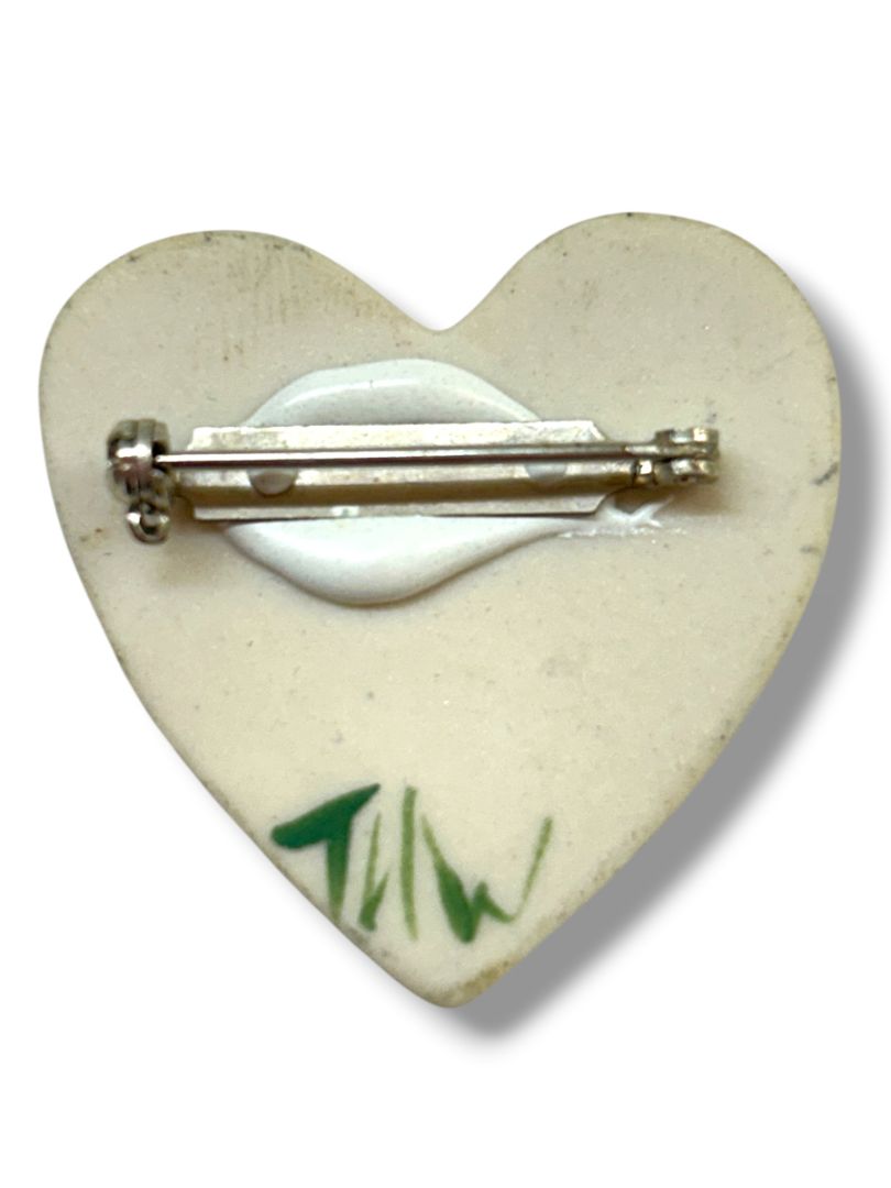 2 Brooches Pins Resin Silent Night Nativity 2" Clay Heart Flowers 1.4"