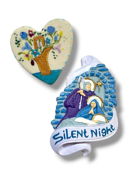 2 Brooches Pins Resin Silent Night Nativity 2" Clay Heart Flowers 1.4"