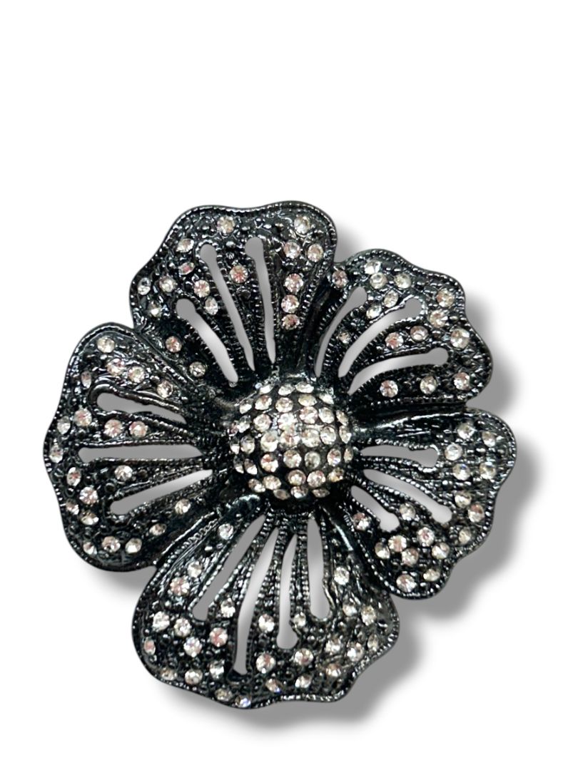 Pewter Color Statement Brooch Pin Flower Rhinestones 2.25"