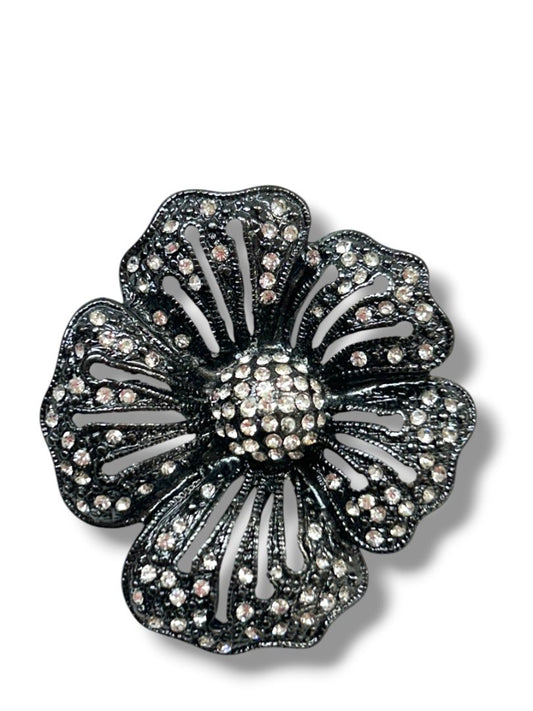 Pewter Color Statement Brooch Pin Flower Rhinestones 2.25"