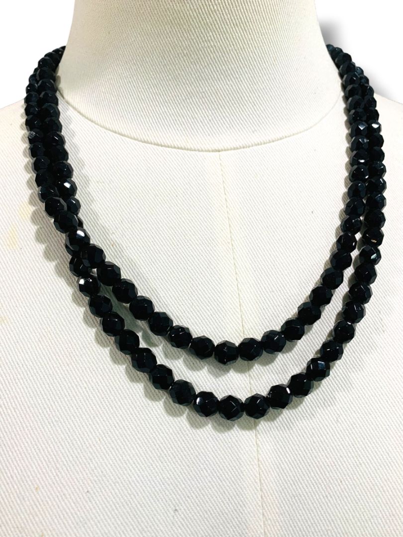 Vintage Two Strand Black Faceted Beaded Necklace Ornate Clasp 22"