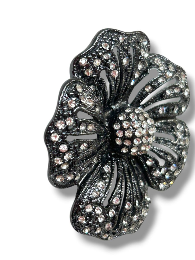 Pewter Color Statement Brooch Pin Flower Rhinestones 2.25"