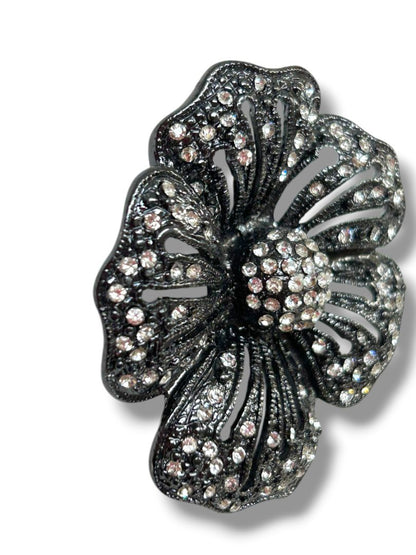 Pewter Color Statement Brooch Pin Flower Rhinestones 2.25"