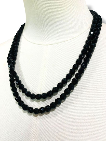 Vintage Two Strand Black Faceted Beaded Necklace Ornate Clasp 22"