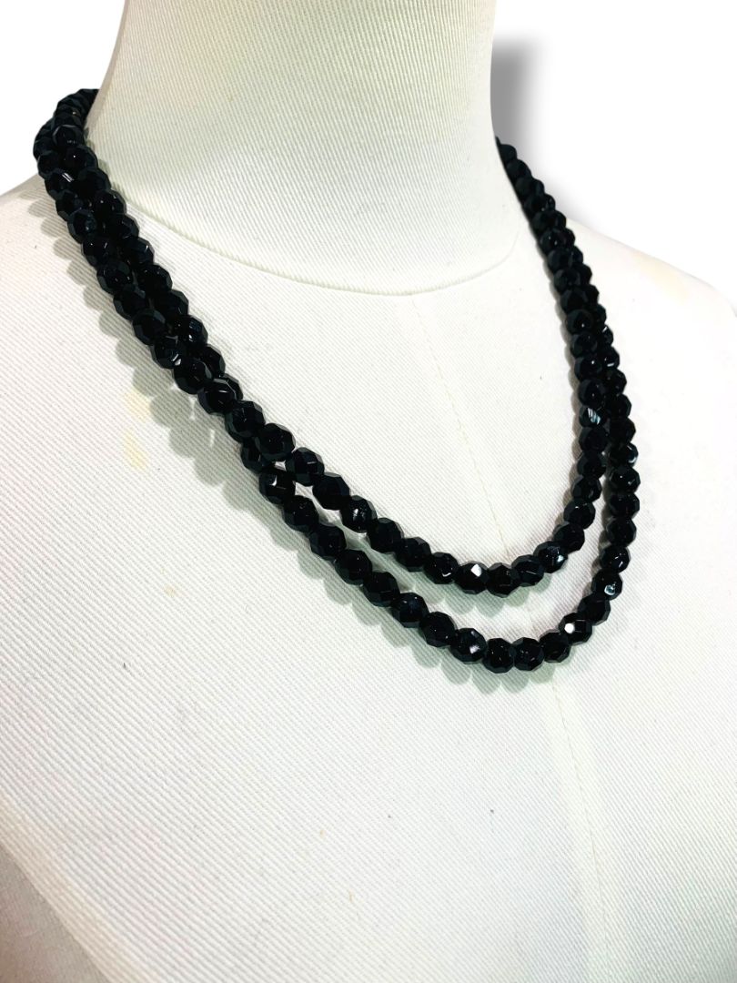 Vintage Two Strand Black Faceted Beaded Necklace Ornate Clasp 22"