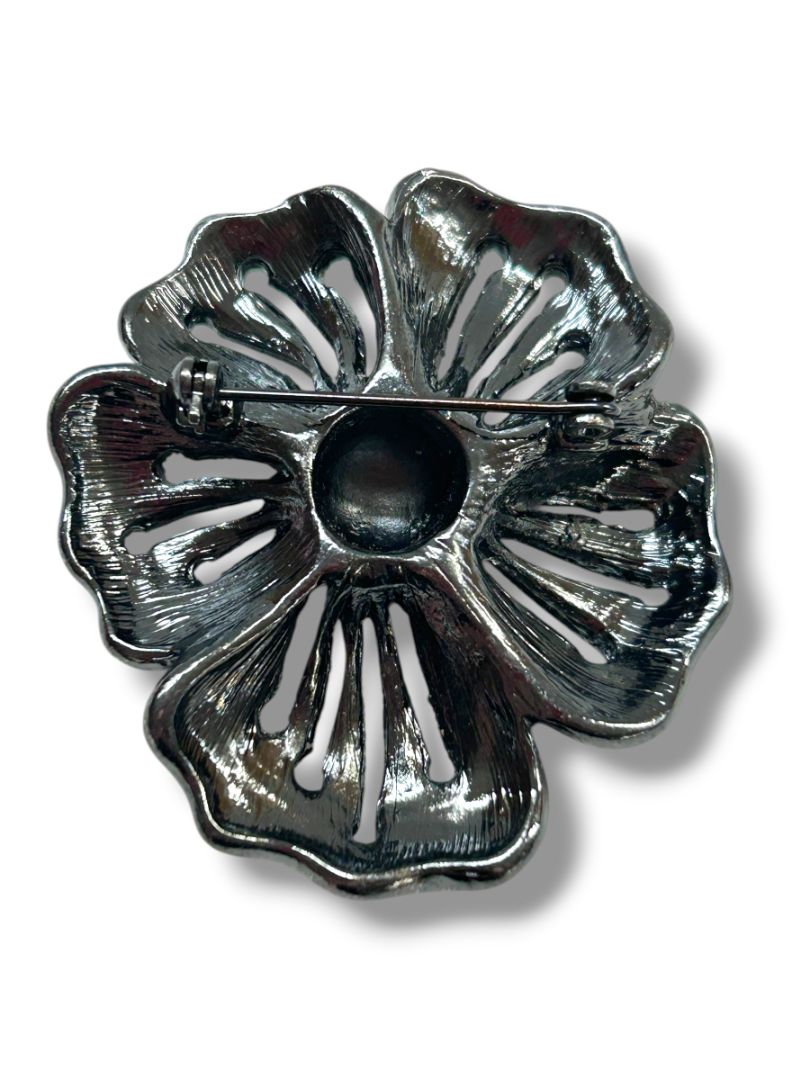 Pewter Color Statement Brooch Pin Flower Rhinestones 2.25"