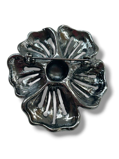 Pewter Color Statement Brooch Pin Flower Rhinestones 2.25"