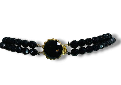 Vintage Two Strand Black Faceted Beaded Necklace Ornate Clasp 22"