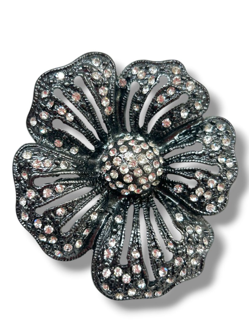 Pewter Color Statement Brooch Pin Flower Rhinestones 2.25"