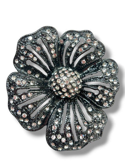 Pewter Color Statement Brooch Pin Flower Rhinestones 2.25"