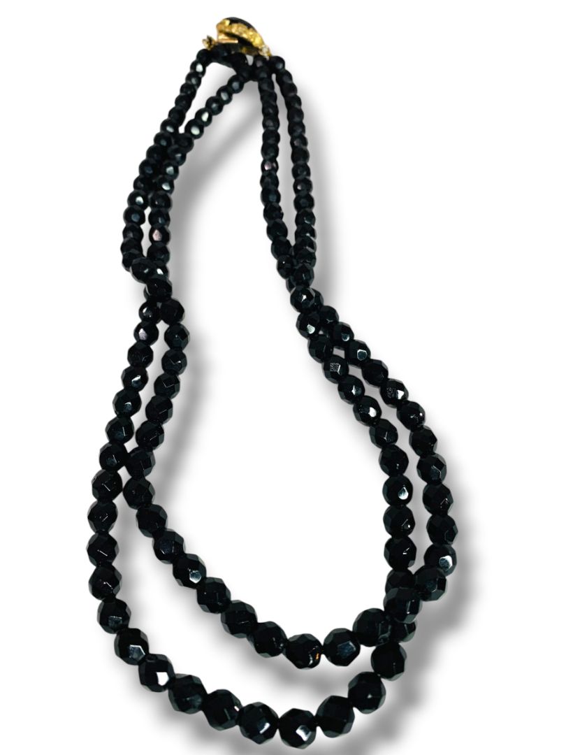 Vintage Two Strand Black Faceted Beaded Necklace Ornate Clasp 22"