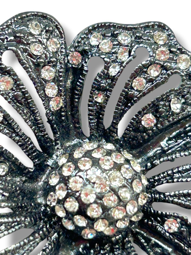 Pewter Color Statement Brooch Pin Flower Rhinestones 2.25"