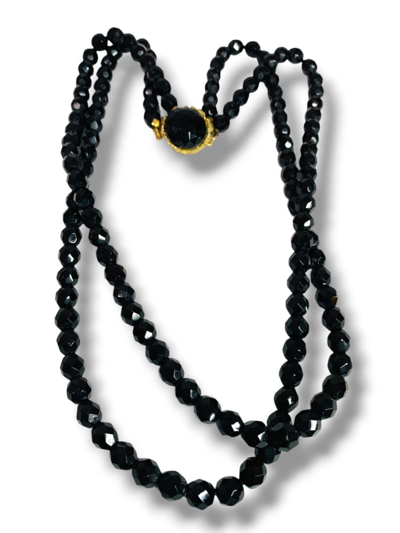 Vintage Two Strand Black Faceted Beaded Necklace Ornate Clasp 22"