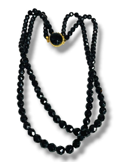 Vintage Two Strand Black Faceted Beaded Necklace Ornate Clasp 22"