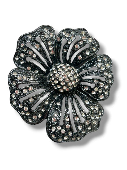 Pewter Color Statement Brooch Pin Flower Rhinestones 2.25"