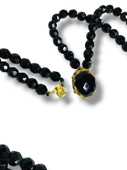 Vintage Two Strand Black Faceted Beaded Necklace Ornate Clasp 22"