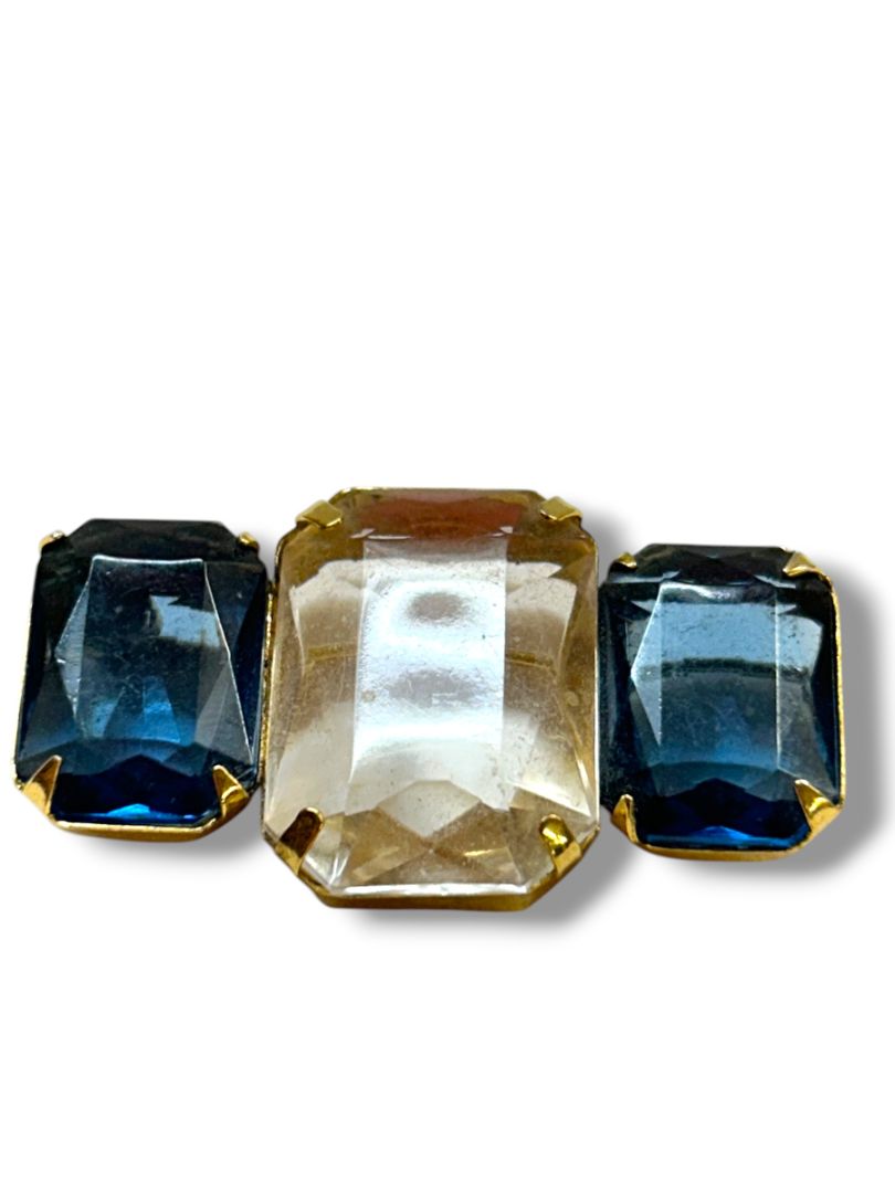 Vintage Avon Fashion Facets Bar Brooch Pin Blue Clear Goldtone 1.75"