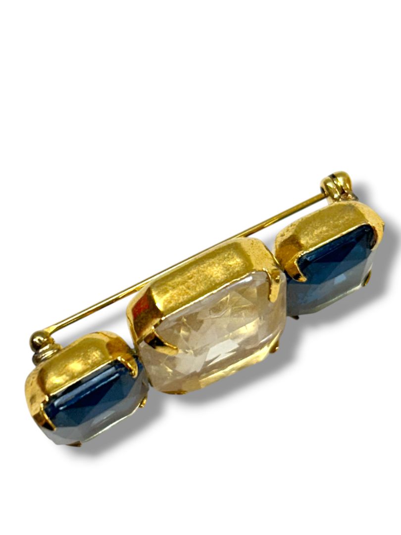 Vintage Avon Fashion Facets Bar Brooch Pin Blue Clear Goldtone 1.75"