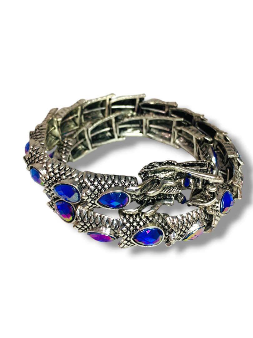 Silvertone Bejeweled Dragon Wrap Around Bracelet Blue Purple