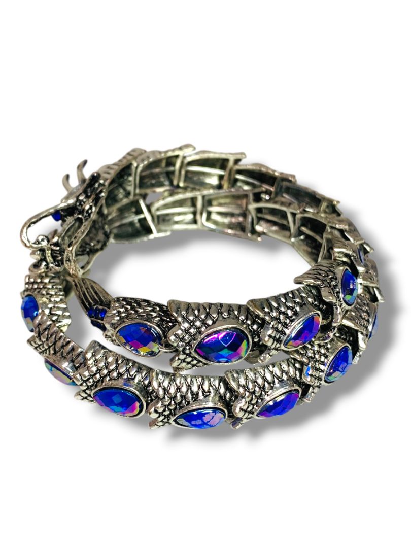 Silvertone Bejeweled Dragon Wrap Around Bracelet Blue Purple