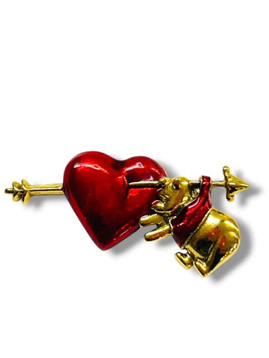 Signed Disney Winnie the Pooh Heart Arrow Brooch Pin Goldtone Red 2"