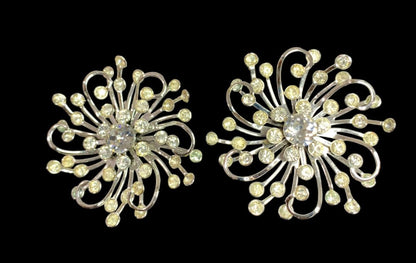 Sarah Coventry "Stardust" 1958 Rhinestones Silver Flower Earrings Clip Ons  2" Lightweight