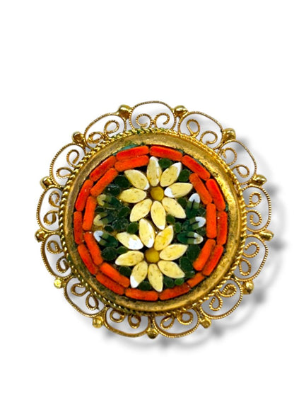 Vintage Micro Mosaic Brooch Pin Goldtone Filigree Daisy Italy 1.5"