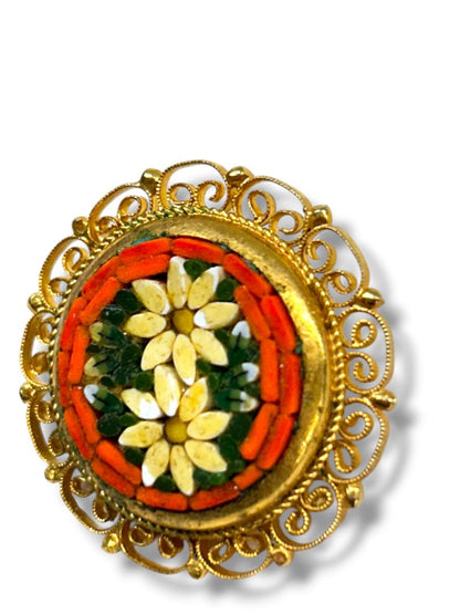 Vintage Micro Mosaic Brooch Pin Goldtone Filigree Daisy Italy 1.5"